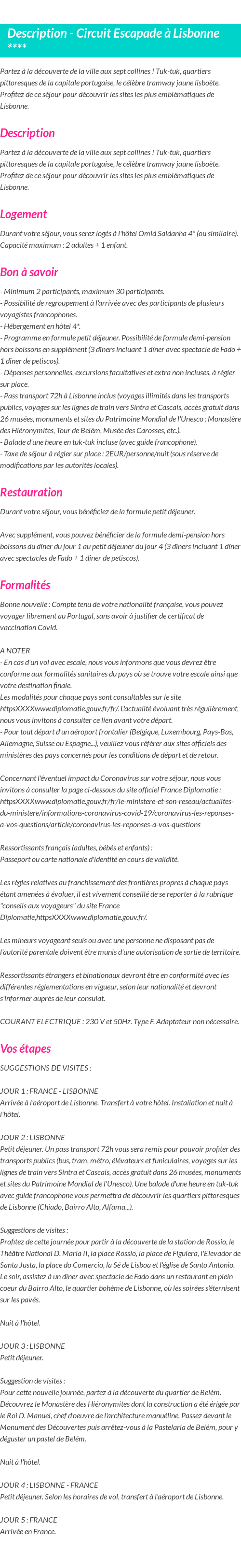 Détails du séjour