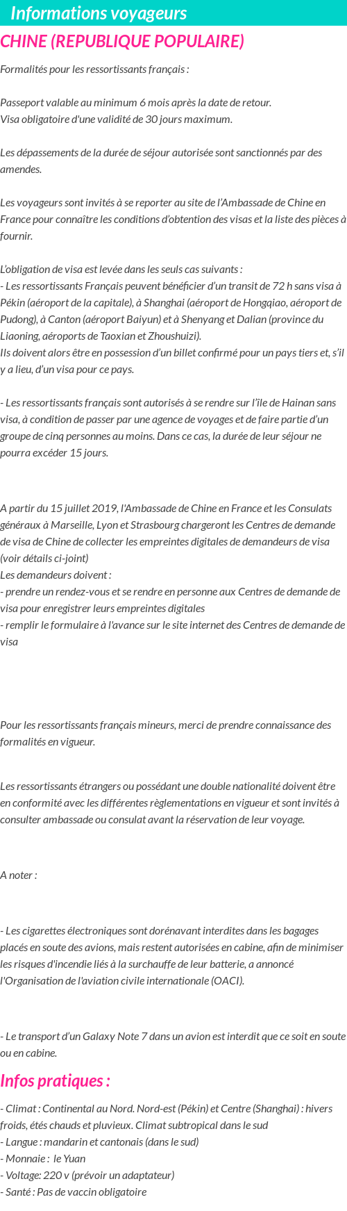 Formalités et infos voyageurs