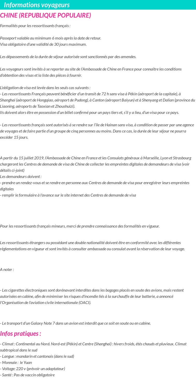 Formalités et infos voyageurs