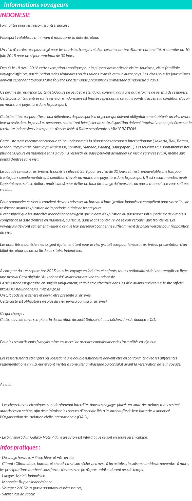 Formalités et infos voyageurs