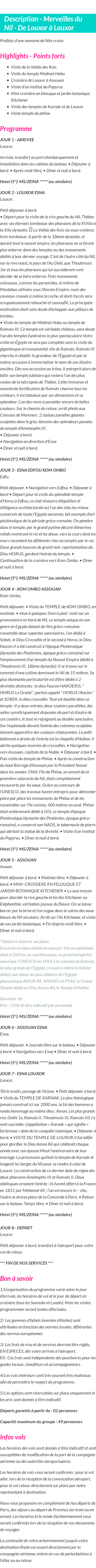Détails du séjour