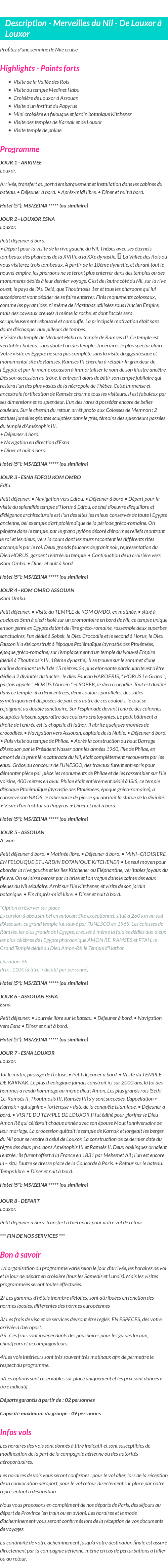 Détails du séjour