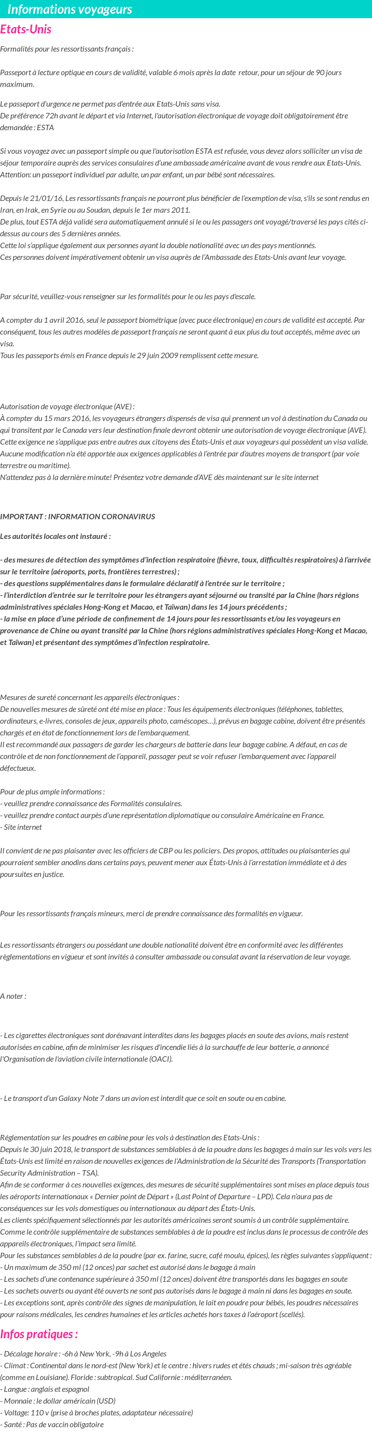 Formalités et infos voyageurs