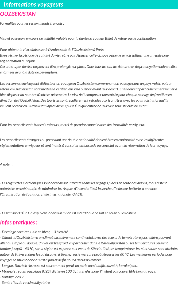 Formalités et infos voyageurs