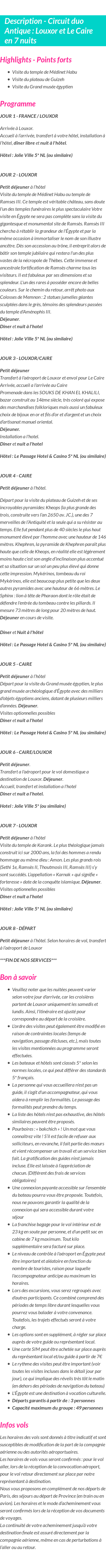 Détails du séjour