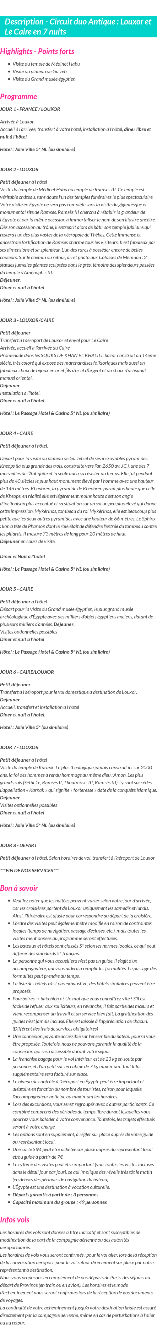 Détails du séjour