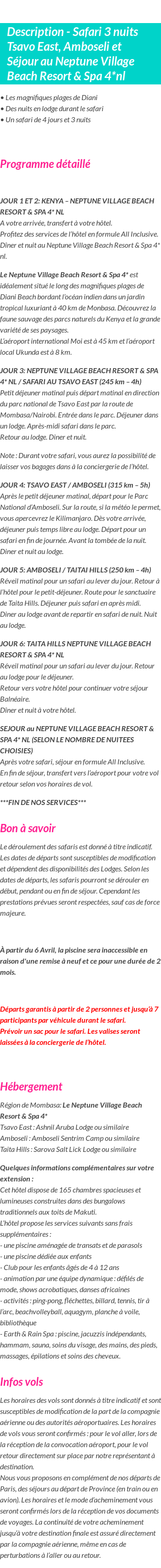 Détails du séjour
