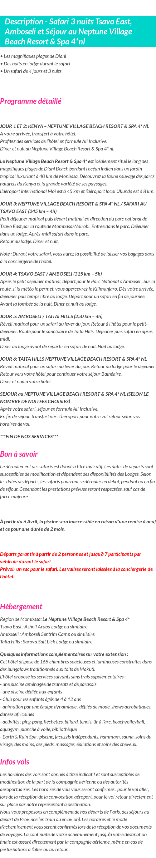 Détails du séjour