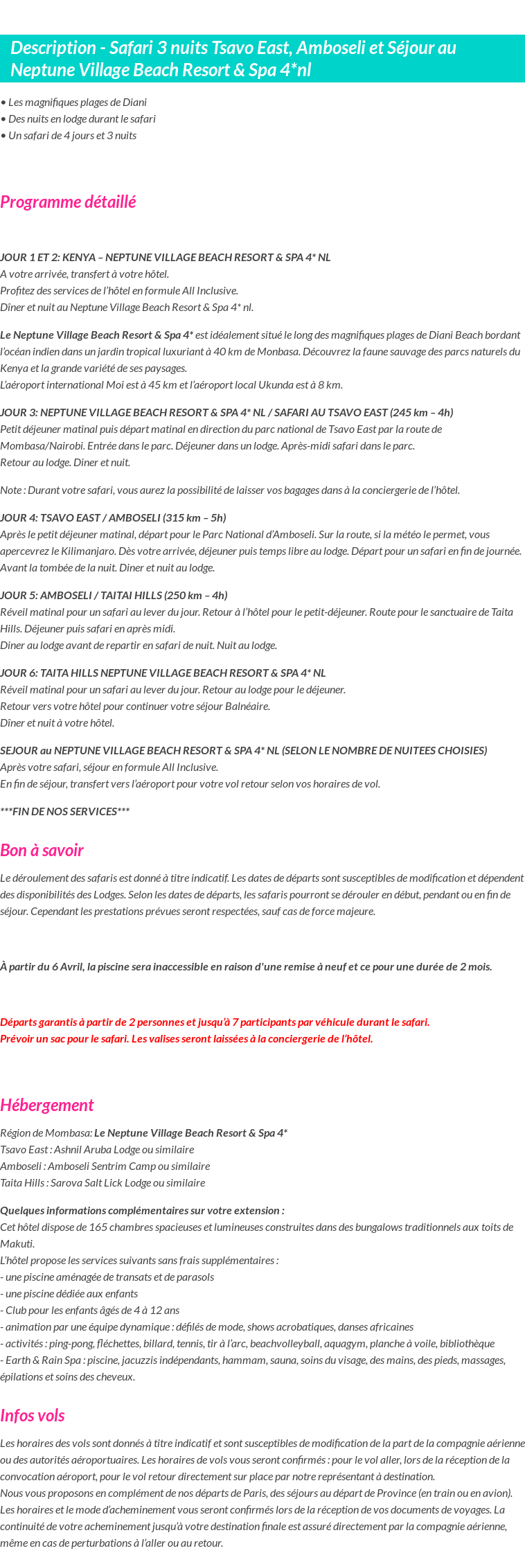 Détails du séjour