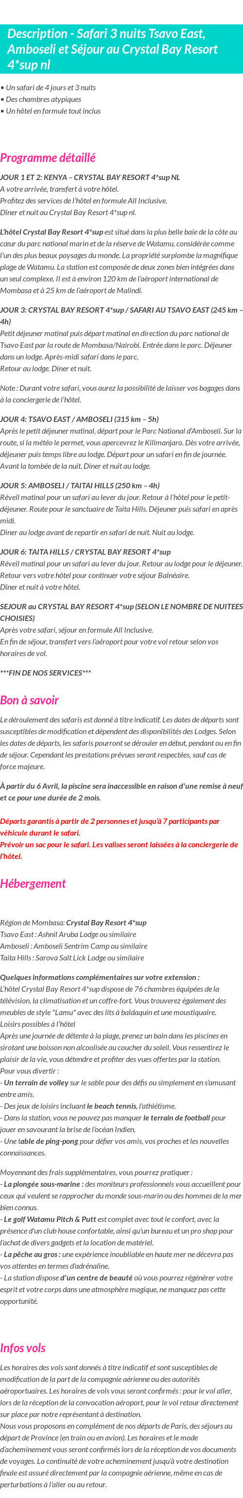 Détails du séjour