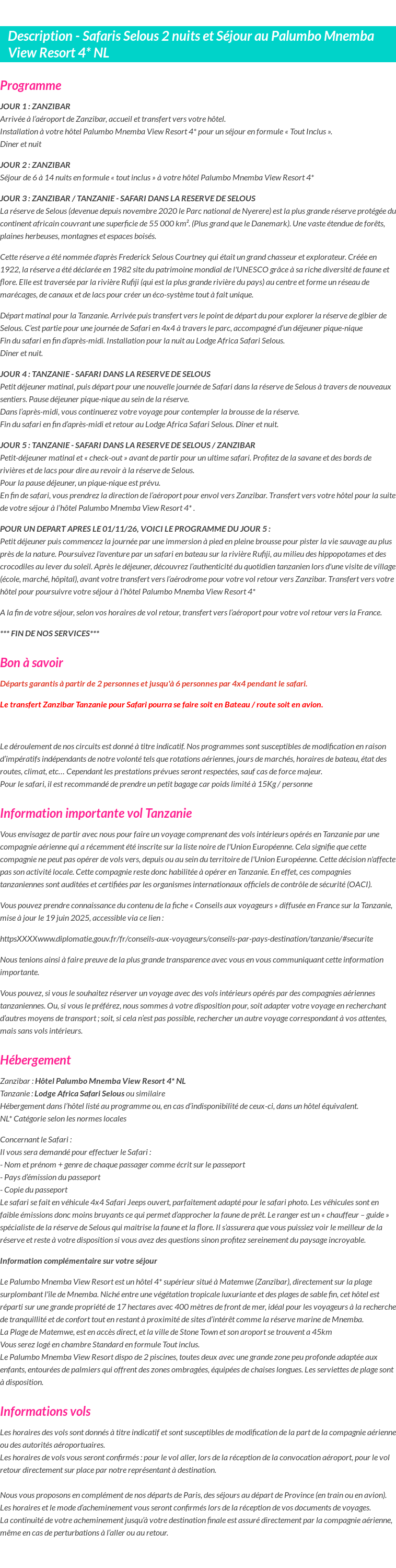 Détails du séjour