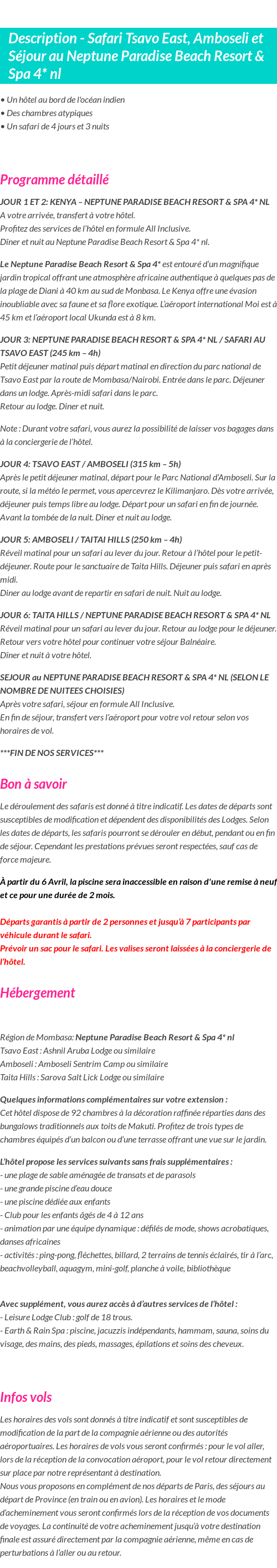 Détails du séjour