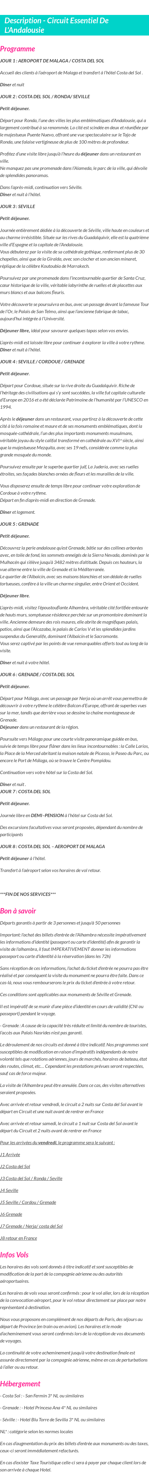 Détails du séjour
