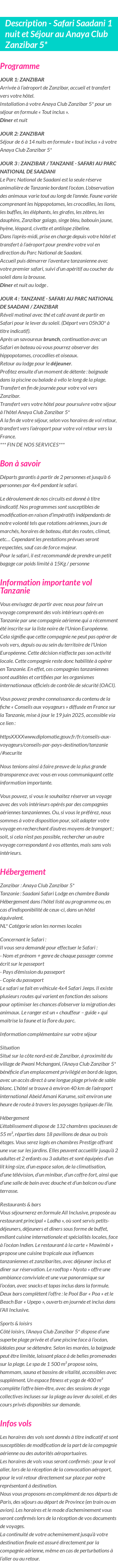 Détails du séjour