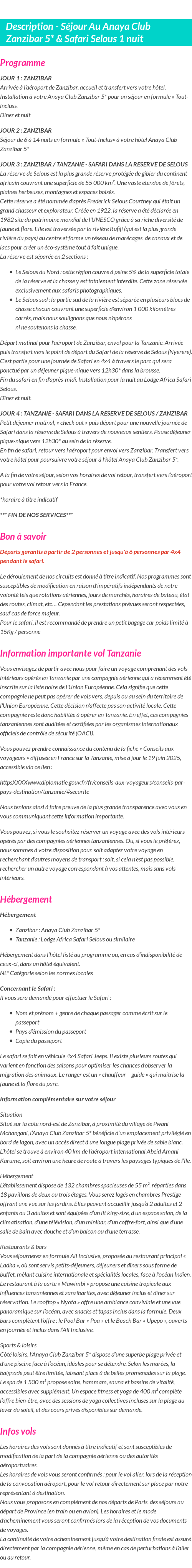 Détails du séjour