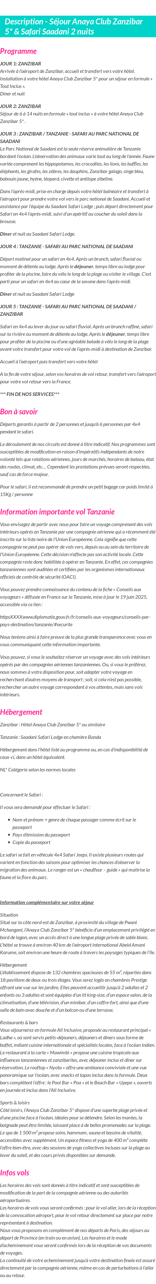 Détails du séjour