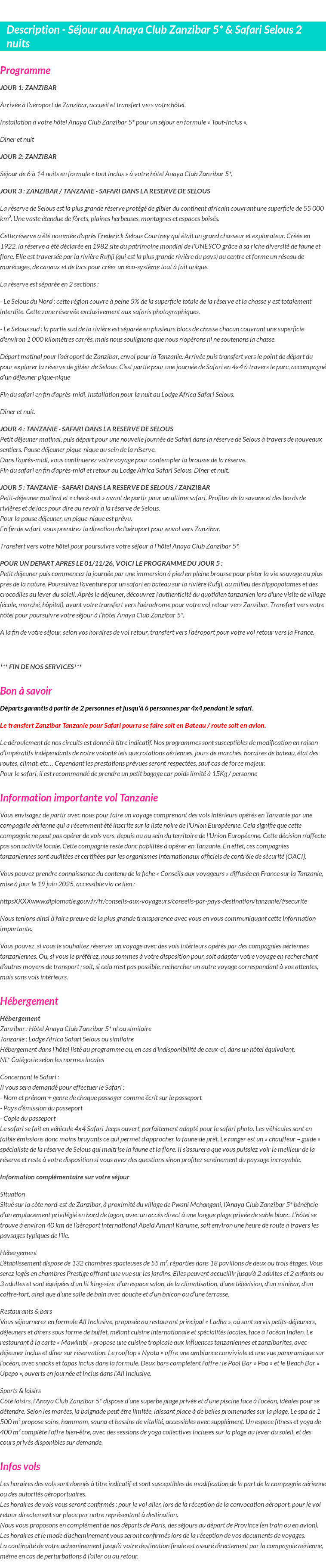 Détails du séjour
