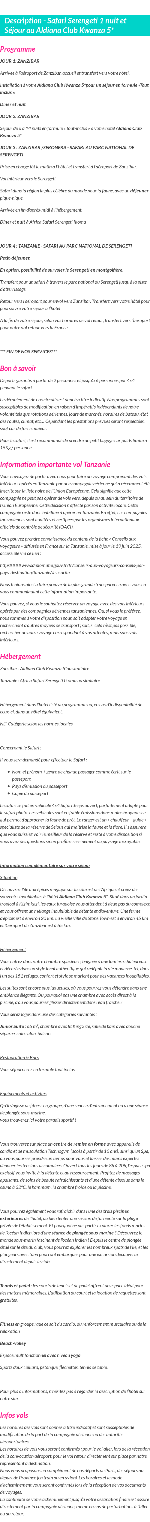 Détails du séjour