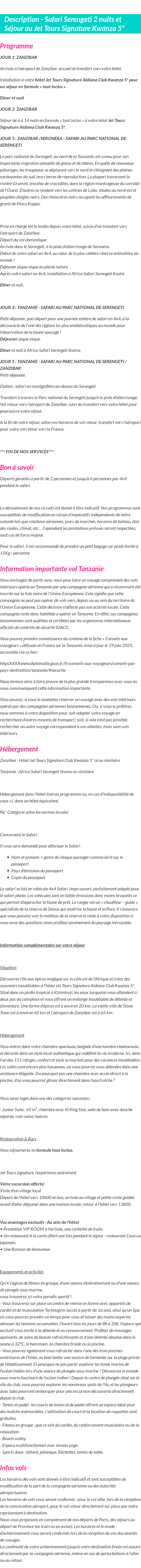 Détails du séjour