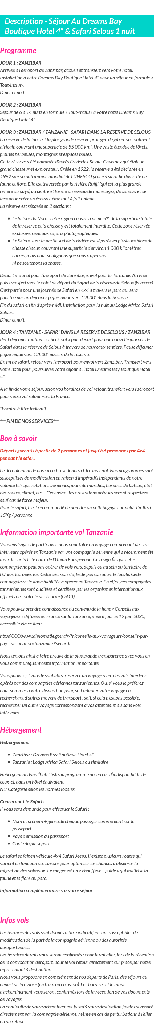 Détails du séjour