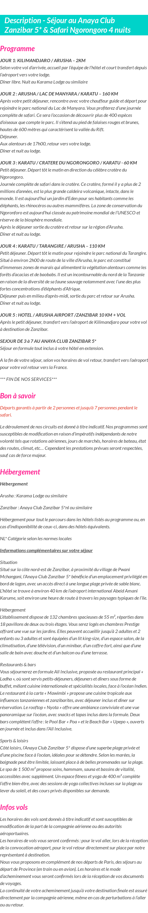 Détails du séjour