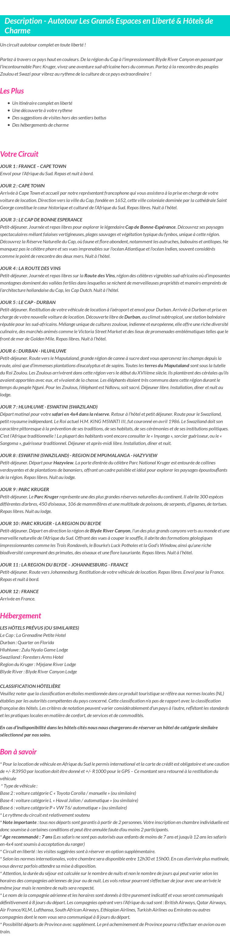 Détails du séjour