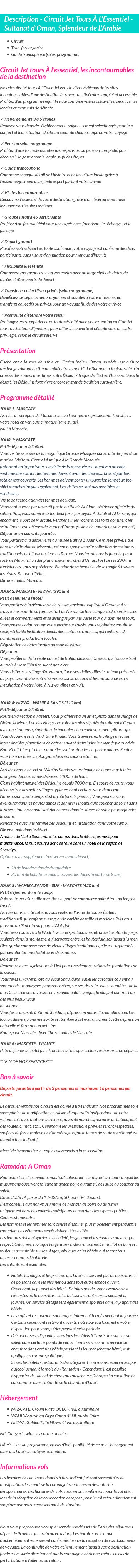 Détails du séjour