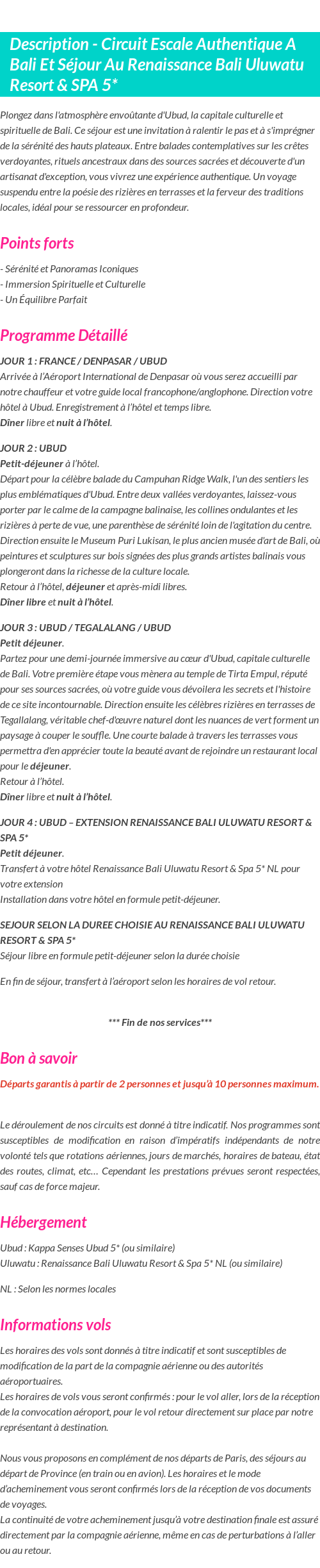 Détails du séjour