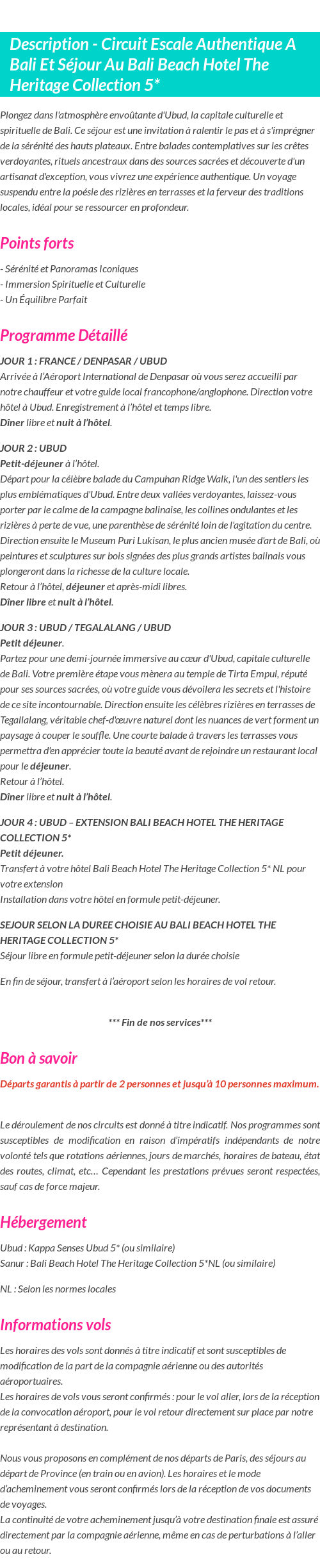 Détails du séjour