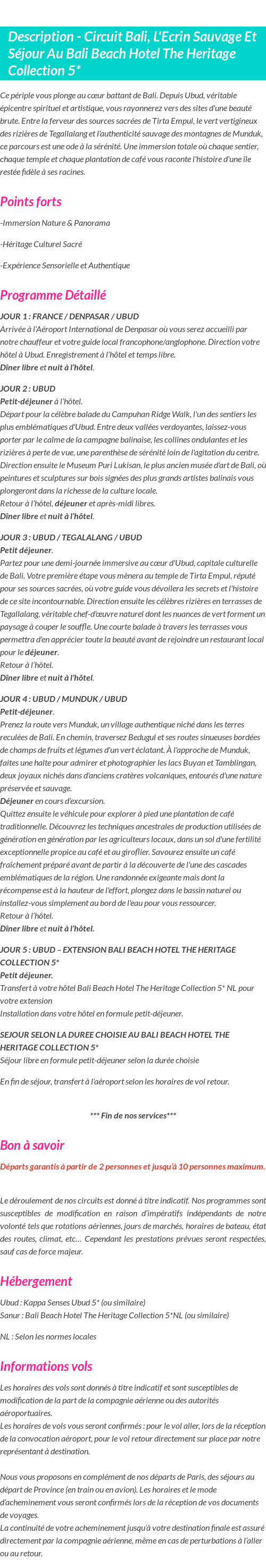 Détails du séjour