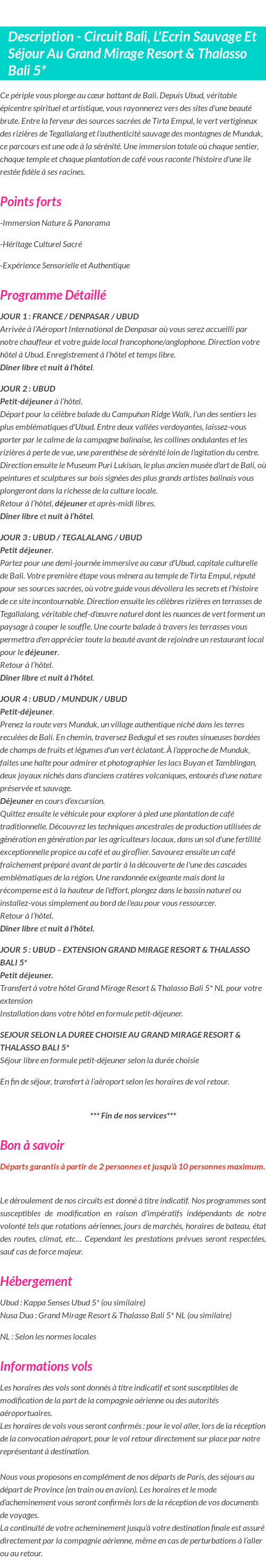 Détails du séjour