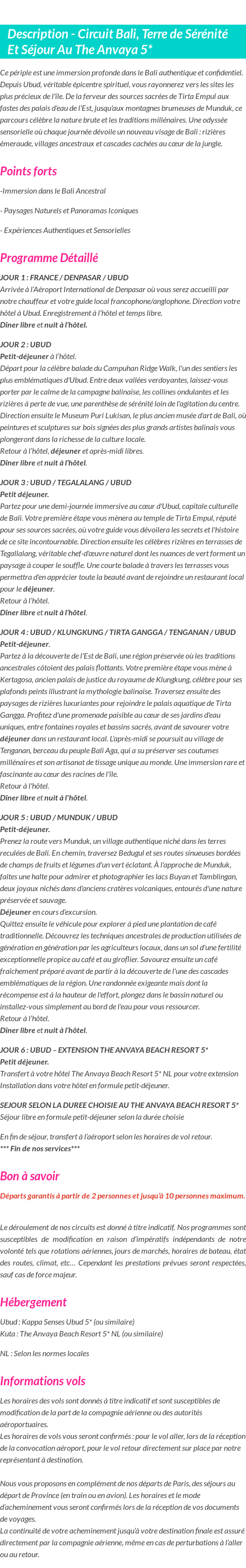 Détails du séjour