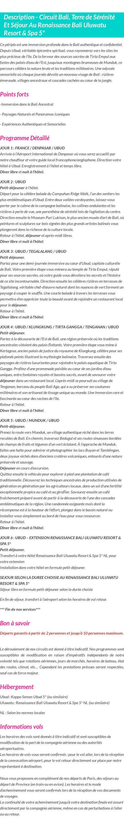 Détails du séjour
