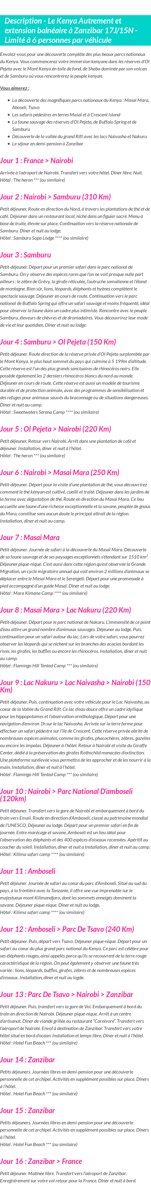 Détails du séjour