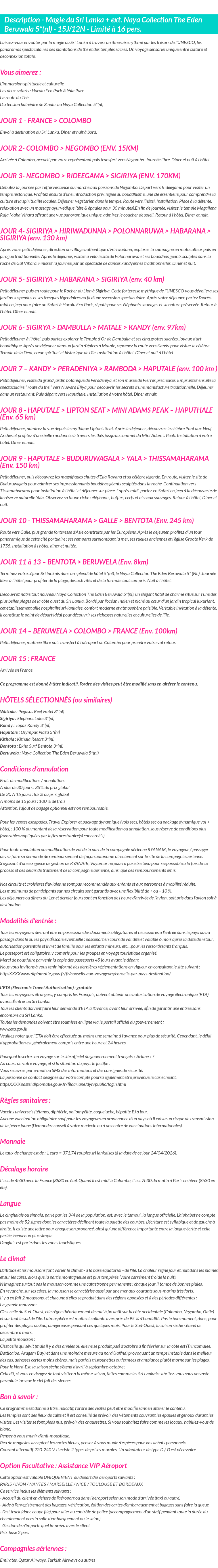 Détails du séjour