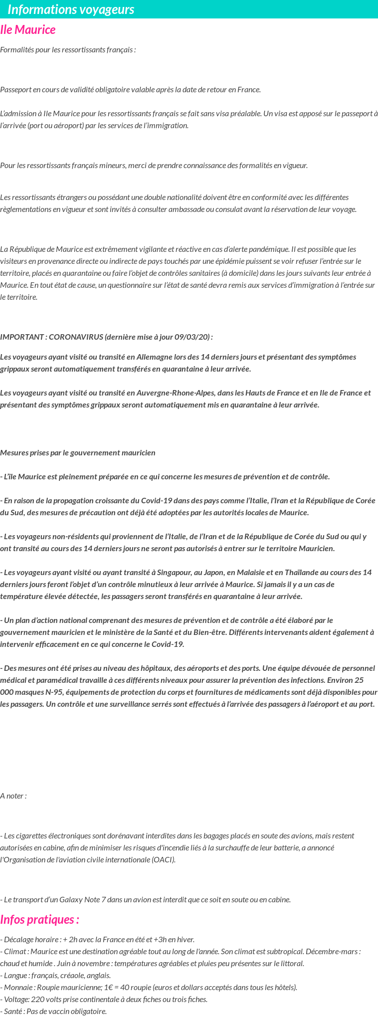 Formalités et infos voyageurs