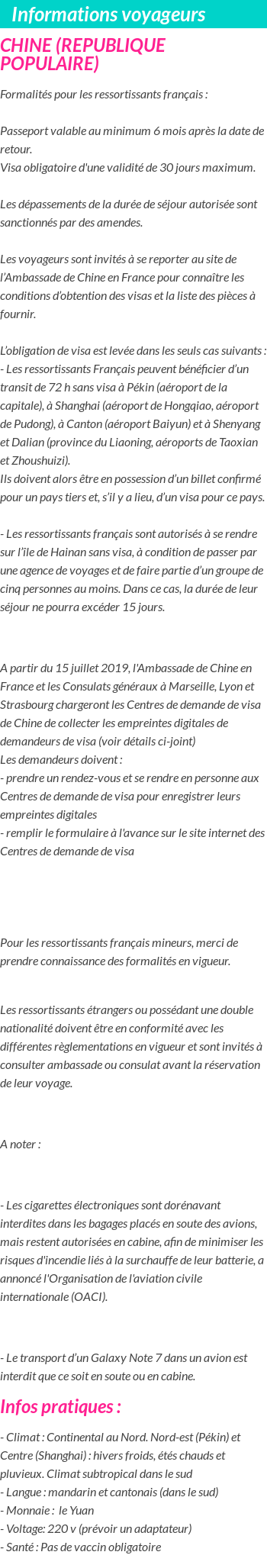 Formalités et infos voyageurs