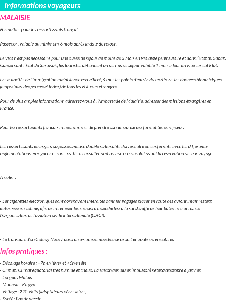 Formalités et infos voyageurs