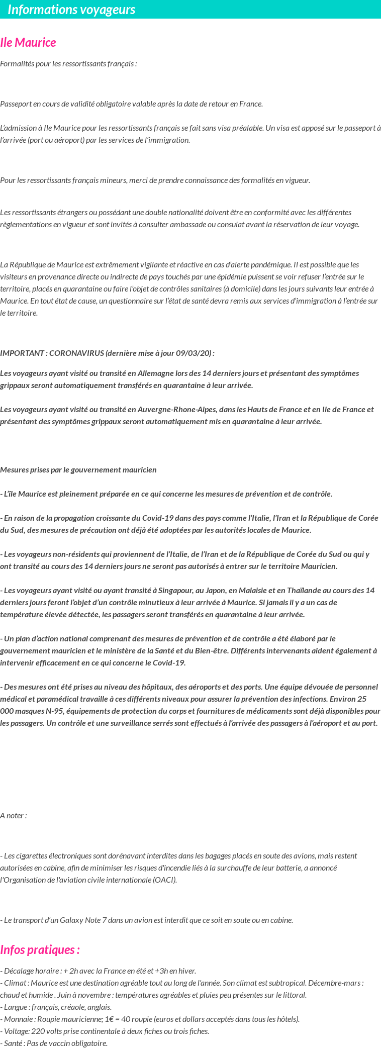 Formalités et infos voyageurs