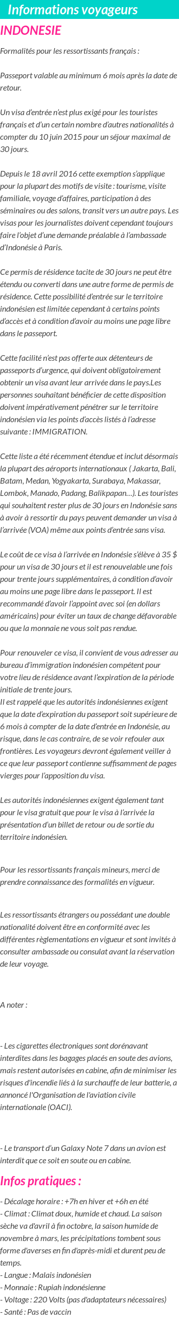 Formalités et infos voyageurs