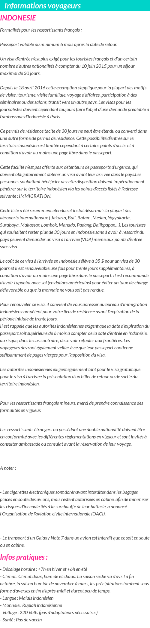 Formalités et infos voyageurs