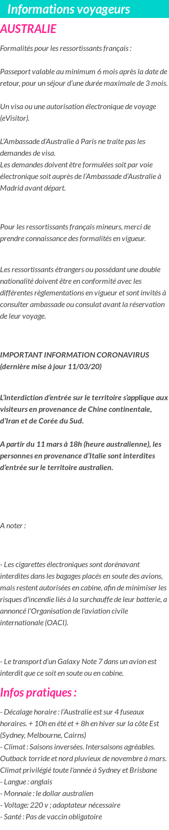Formalités et infos voyageurs