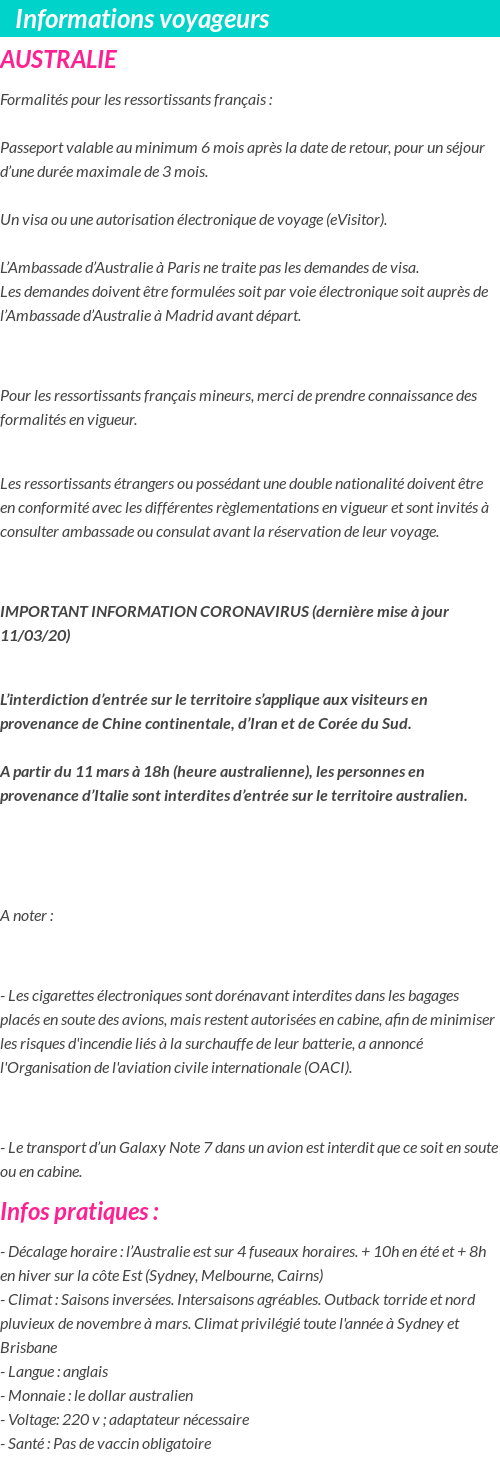 Formalités et infos voyageurs