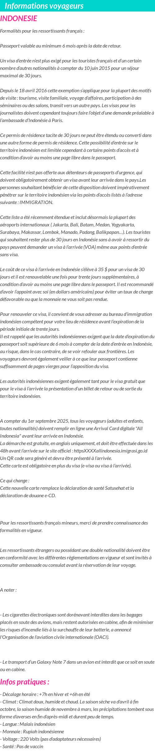 Formalités et infos voyageurs