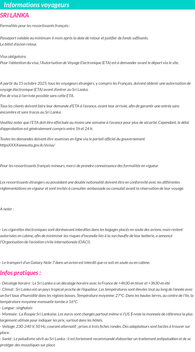 Formalités et infos voyageurs