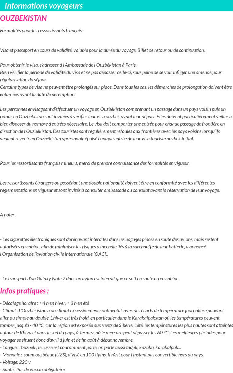 Formalités et infos voyageurs