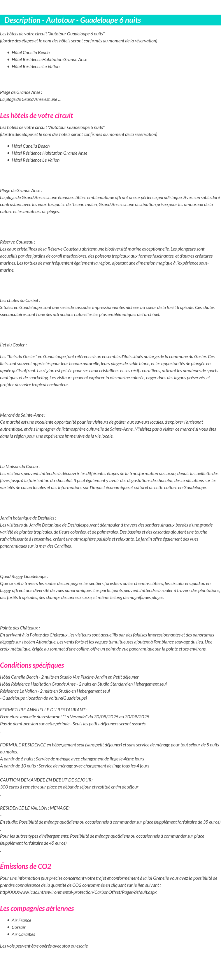 Détails du séjour