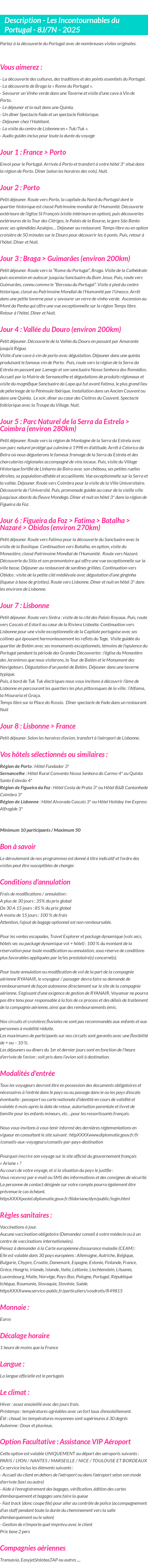 Détails du séjour