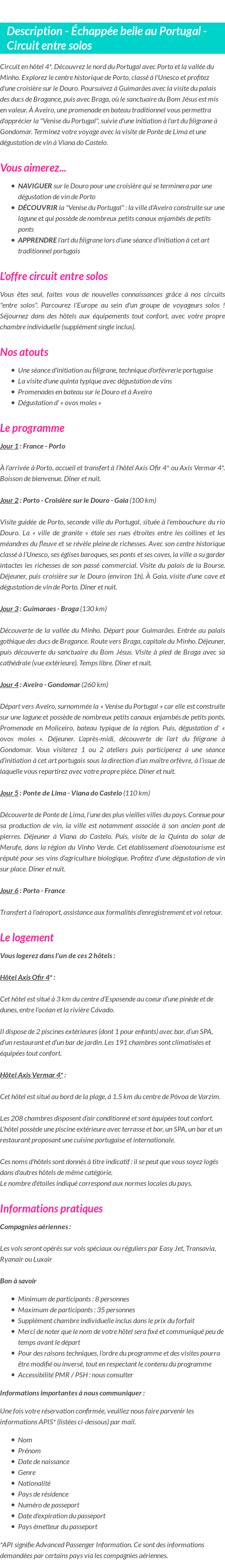 Détails du séjour