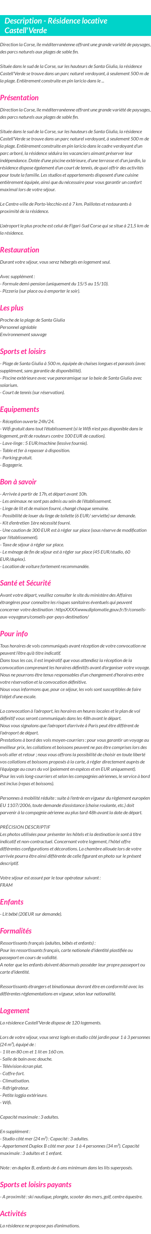 Détails du séjour